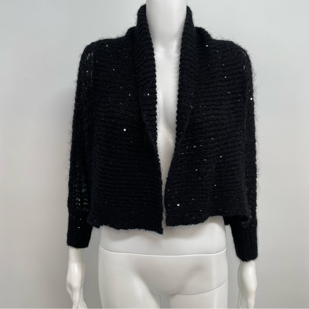 EXPRESS  Women's Black Sequins Crop Open Front Knit Wool Blend Cardigan Size S
